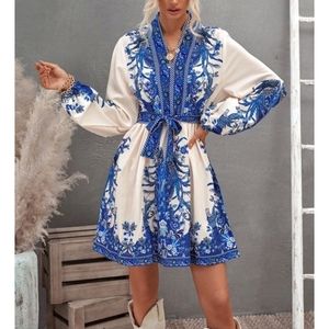 Boho Floral Bishop Sleeves V Neck Belted Dress